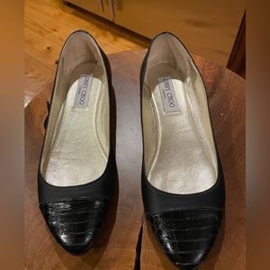 JIMMY CHOO Black Leather Waine Flats Snake Cap Toe Size 37